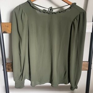 LOFT Green Puff Sleeve Ruffled Blouse